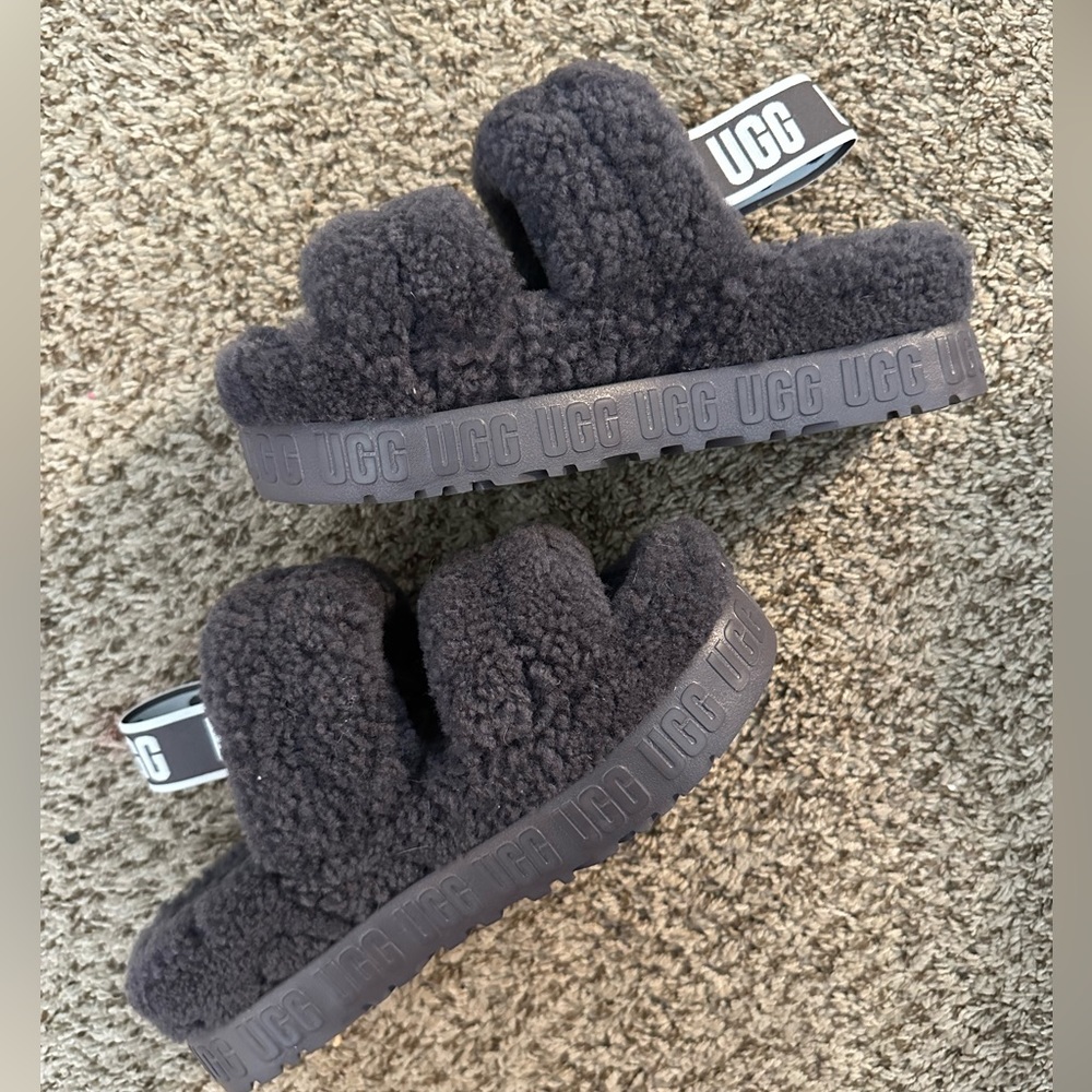 Grey fuzzy ugg slippers